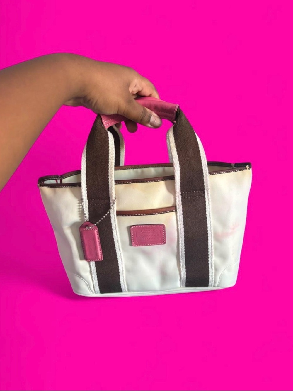Coach Cream Tote with Brown Handles and Pink Accents